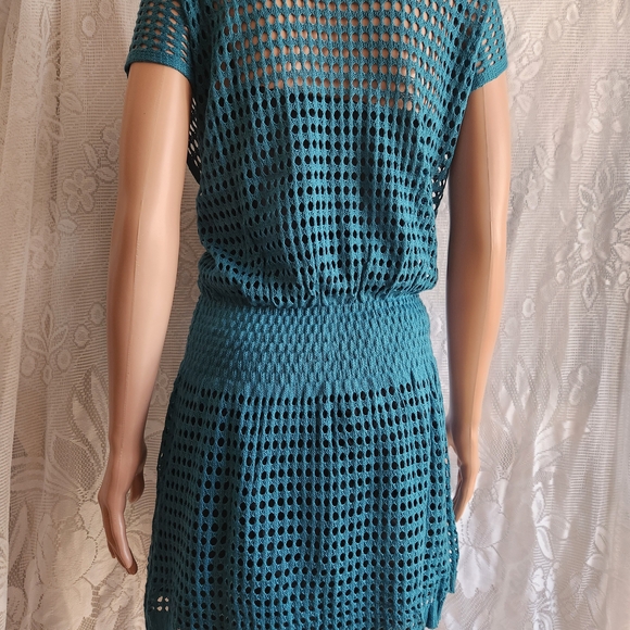 Women’s Teal Crochet Swim Coverup Dress with Button V-Neck - Picture 5 of 6